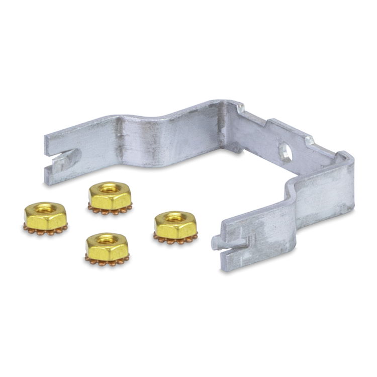Metal bracket with four gold-colored nuts on a white background