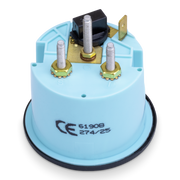 Rear view of trim gauge with screws and a CE marking on a white background
