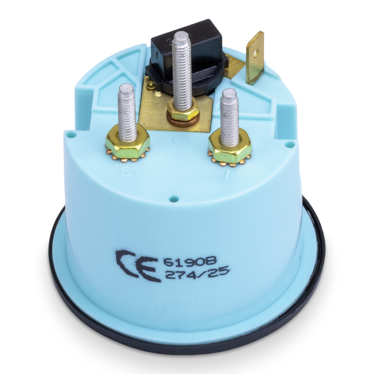Rear view of trim gauge with screws and a CE marking on a white background