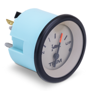Blue trim gauge with white face and black rim on a white background