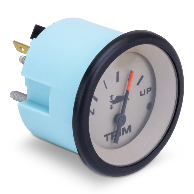 Blue trim gauge with white face and black rim on a white background