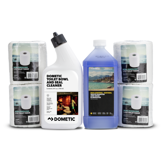A Dometic toilet bowl and seal cleaner kit on a white background, featuring a white bottle of cleaner, a blue bottle of multi-purpose natural holding tank treatment, and four packs of Dometic toilet paper rolls.