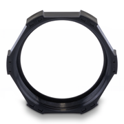 Black sealing ring with threaded interior on a white background