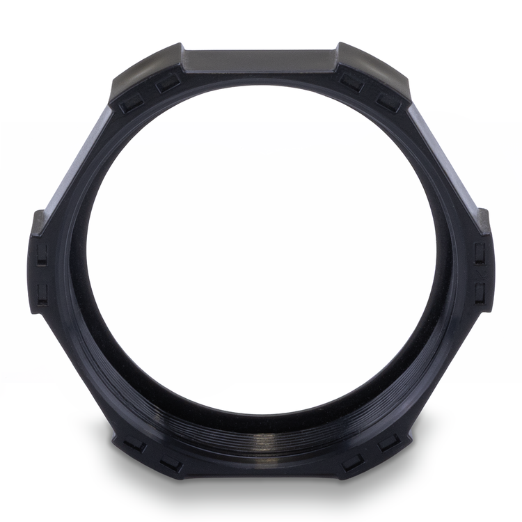 Black sealing ring with threaded interior on a white background