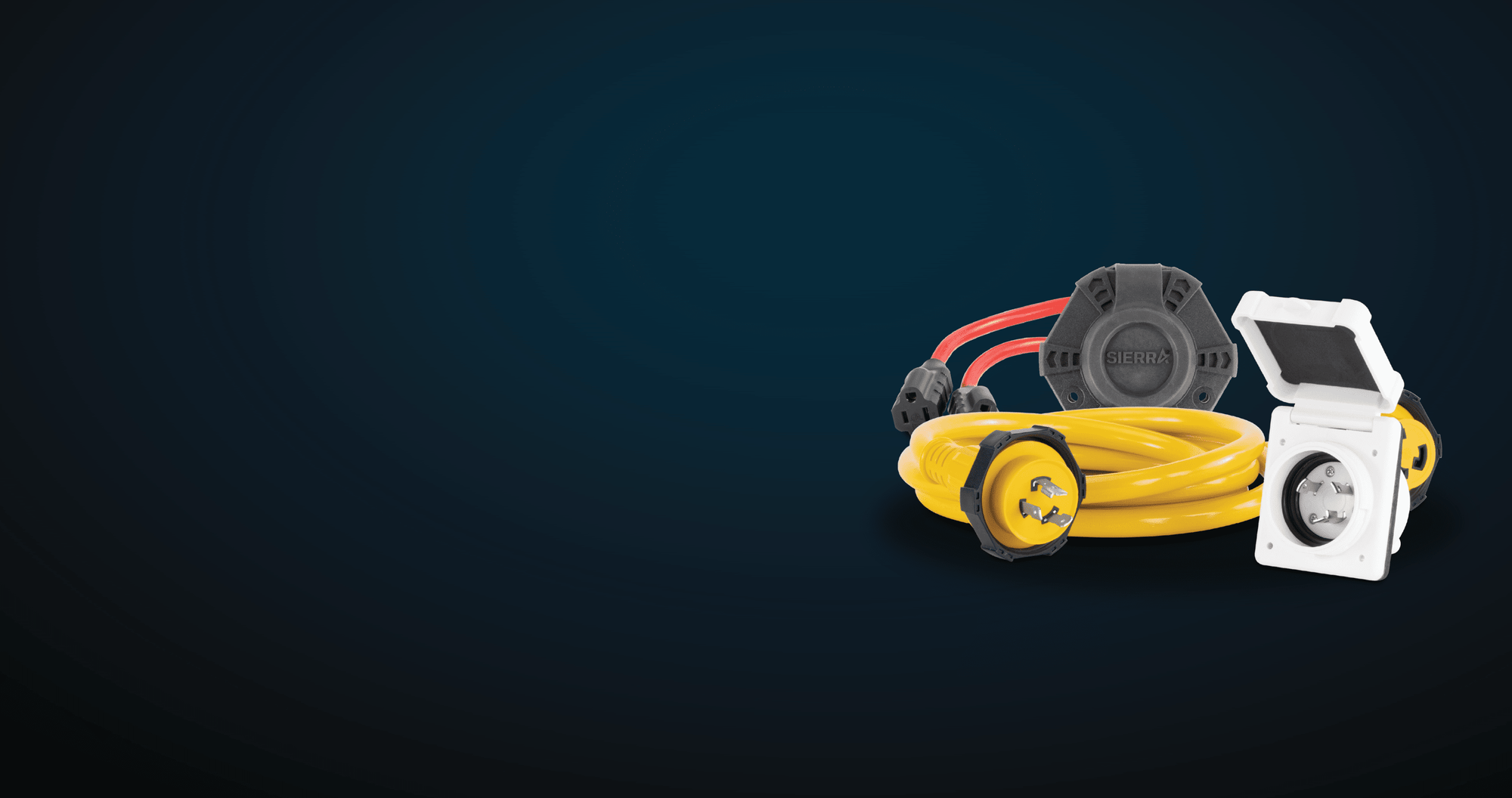 A yellow Sierra shore power cord, red extension cord, and white power inlet on a blue and black gradient background