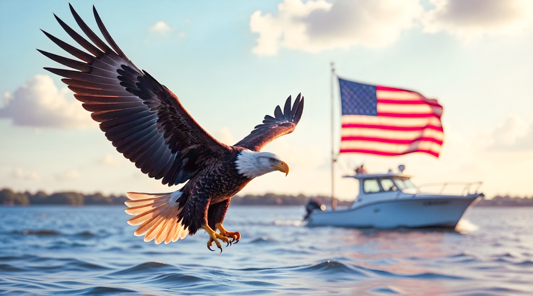 A bald eagle flies over water with an American flag and a white boat in the background at sunset.