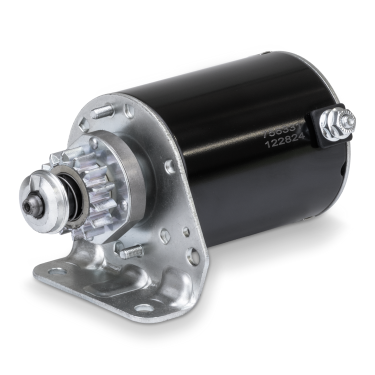 Black and silver Prime Line starter motor on a white background