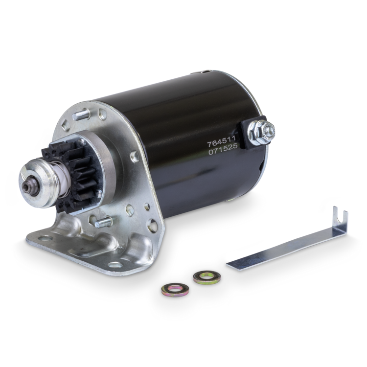 A lawn mower starter and washers on a white background