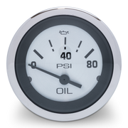 Oil pressure gauge with a white face and silver rim on a white background