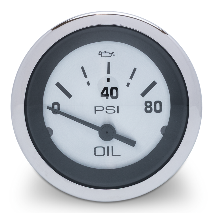 Oil pressure gauge with a white face and silver rim on a white background
