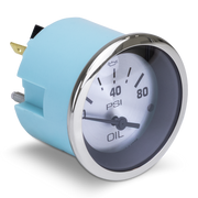 Oil pressure gauge with blue casing and silver rim on a white background