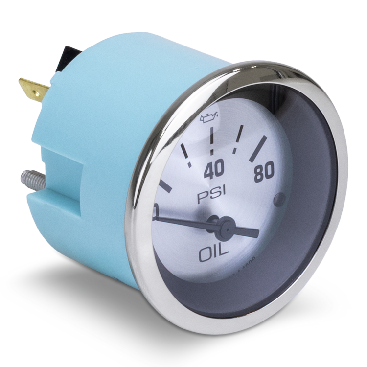Oil pressure gauge with blue casing and silver rim on a white background