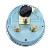 Rear view of trim gauge with blue casing and metallic parts on a white background