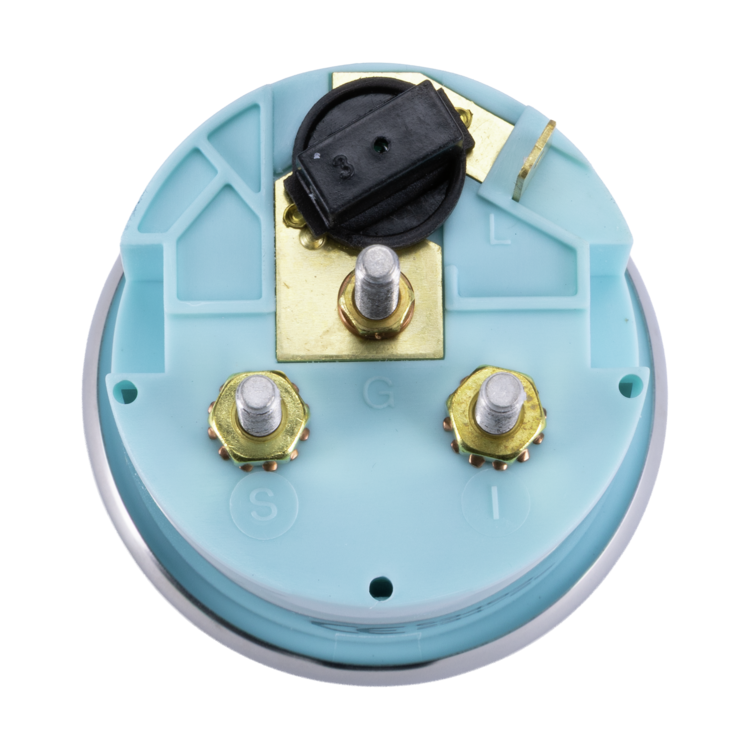 Rear view of trim gauge with blue casing and metallic parts on a white background