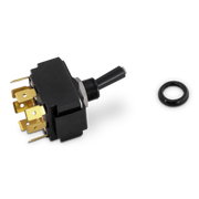 Toggle switch with gold contacts and black handle on a white background
