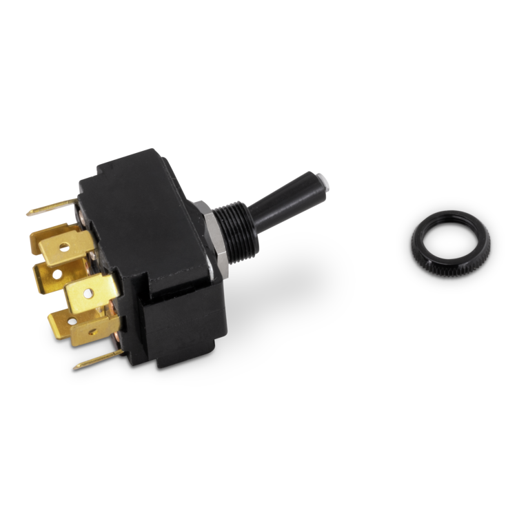 Toggle switch with gold contacts and black handle on a white background