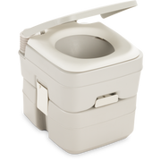 Portable Dometic boat toilet with a platinum color on a white background