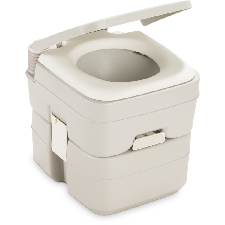 Portable Dometic boat toilet with a platinum color on a white background