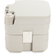 Side view of a closed Dometic portable toilet on a white background