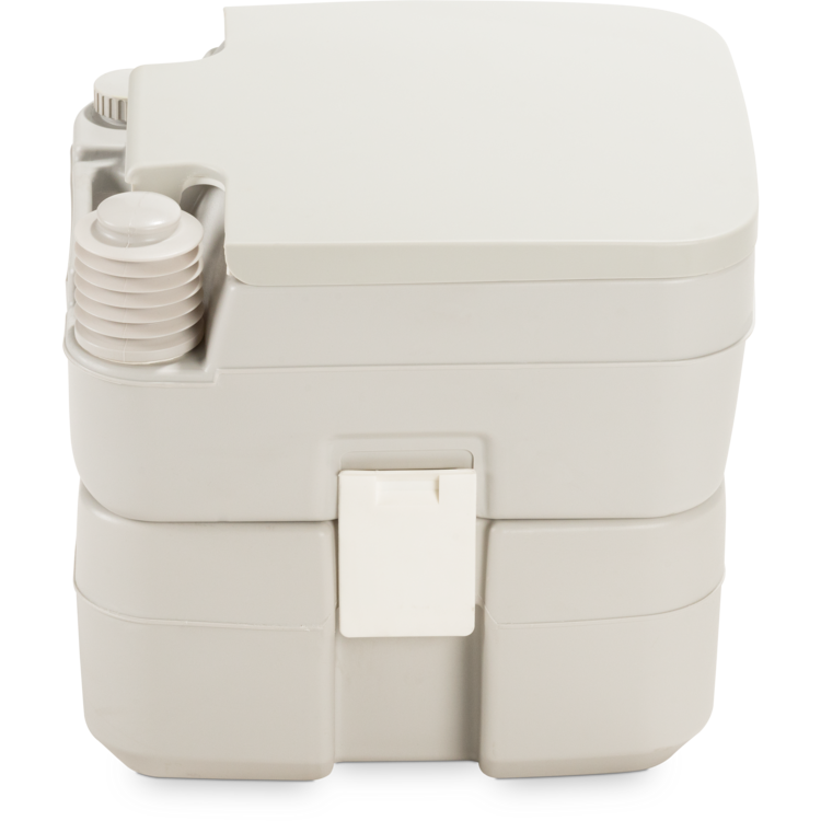 Side view of a closed Dometic portable toilet on a white background