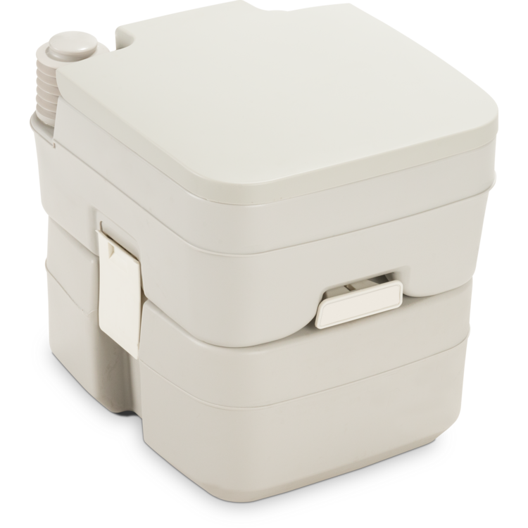 Portable Dometic toilet with a closed lid on a white background