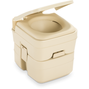 Beige Dometic portable toilet with an open lid on a white background