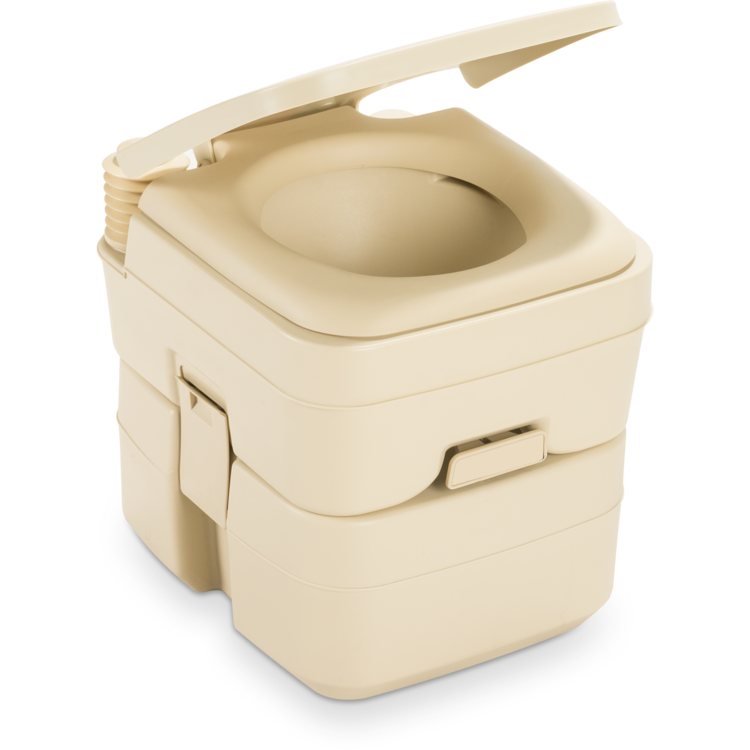 Beige Dometic portable toilet with an open lid on a white background