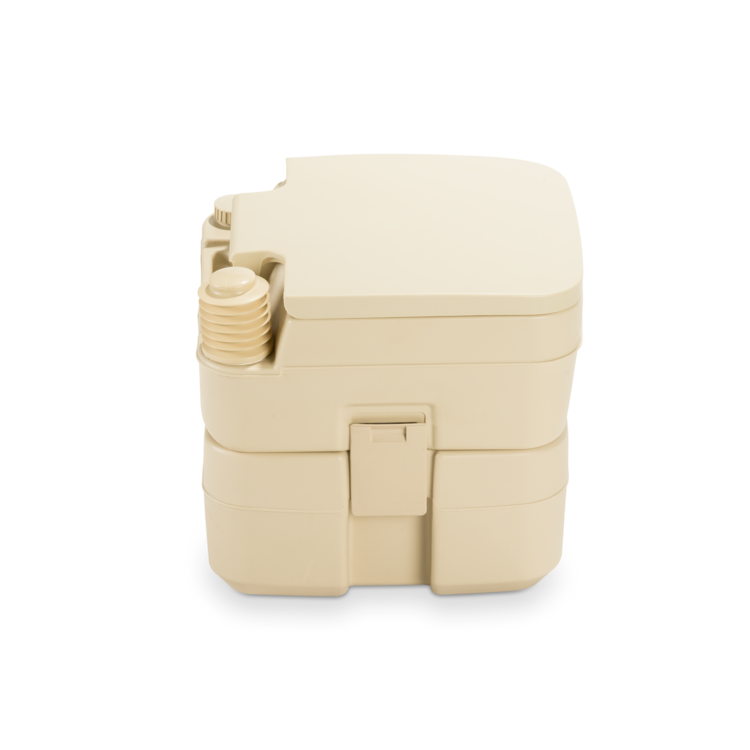 Side view of a closed 966 series portable Dometic toilet on a white background