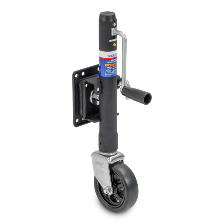 Black Sierra branded trailer jack on a white background