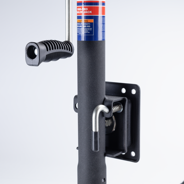 Close-up of a black Sierra trailer jack, handle, and mounting plate on a white background
