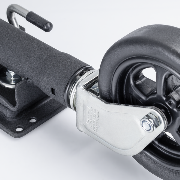Close-up of a Sierra trailer jack wheel and caster assembly on a white background