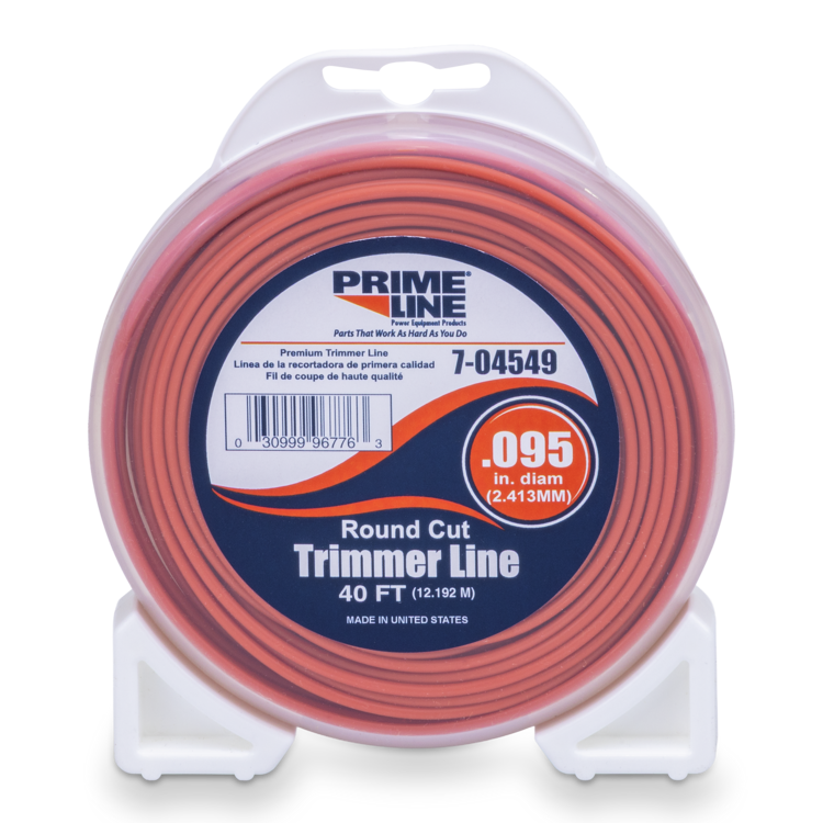 Spool of orange Prime Line Round Cut Trimmer Line on a white background