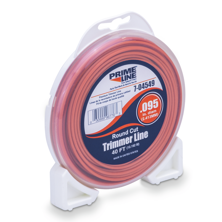 Spool of orange Prime Line round cut trimmer line on a white background