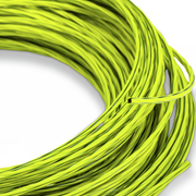 Close-up of green Razorback trimmer line coiled up on a white background