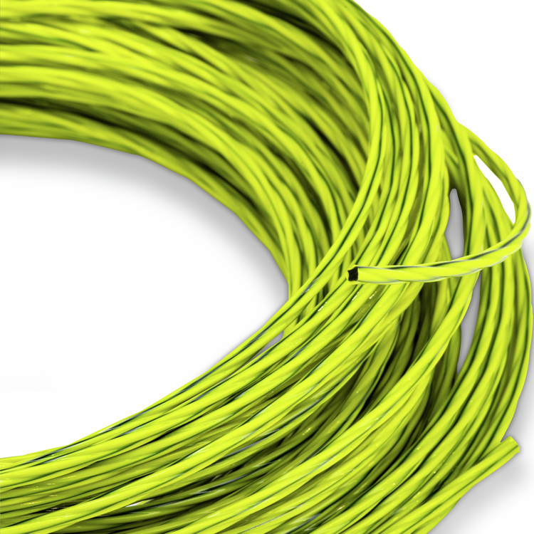 Close-up of green Razorback trimmer line coiled up on a white background