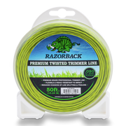 Razorback premium twisted trimmer line packaging on a white background