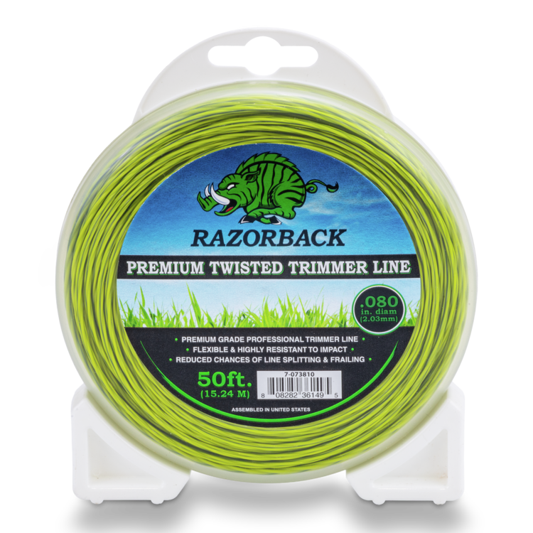 Razorback premium twisted trimmer line packaging on a white background