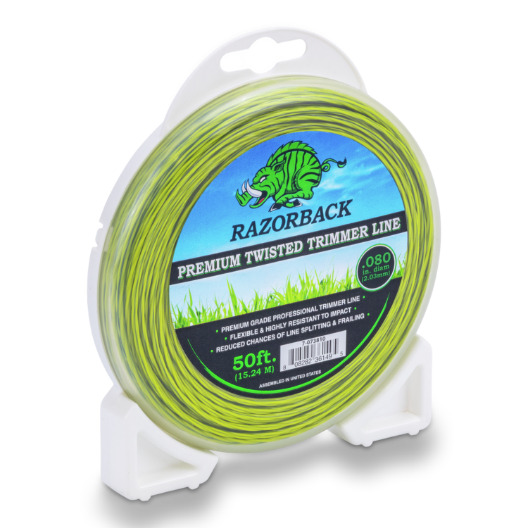 Green Razorback premium twisted trimmer line packaging on a white background
