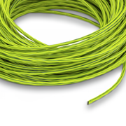 Coiled green Razorback trimmer line on a white background