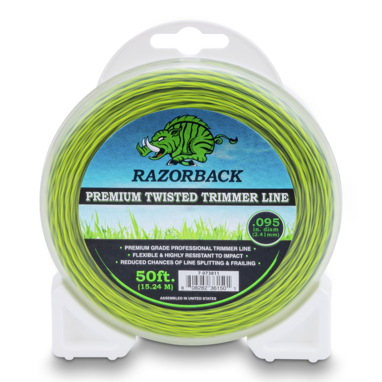 Razorback premium twisted trimmer line packaging on a white background