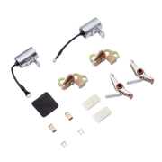 A tune up kit with two silver cylinders, four metal lock body components, two white rubber pads, a black rubber gasket, and small metal clips, arranged on a plain white background.