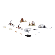 A set of hardware components, including two silver deadbolt cylinders with black wiring, brass and bronze lock bodies, mounting brackets, small white plastic pieces, and a black rubber seal, arranged on a plain white background.