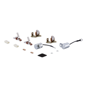 A set of small silver metal hardware components, switches, small copper-toned pieces, white plastic pieces, and a black rectangular piece arranged on a plain white background.