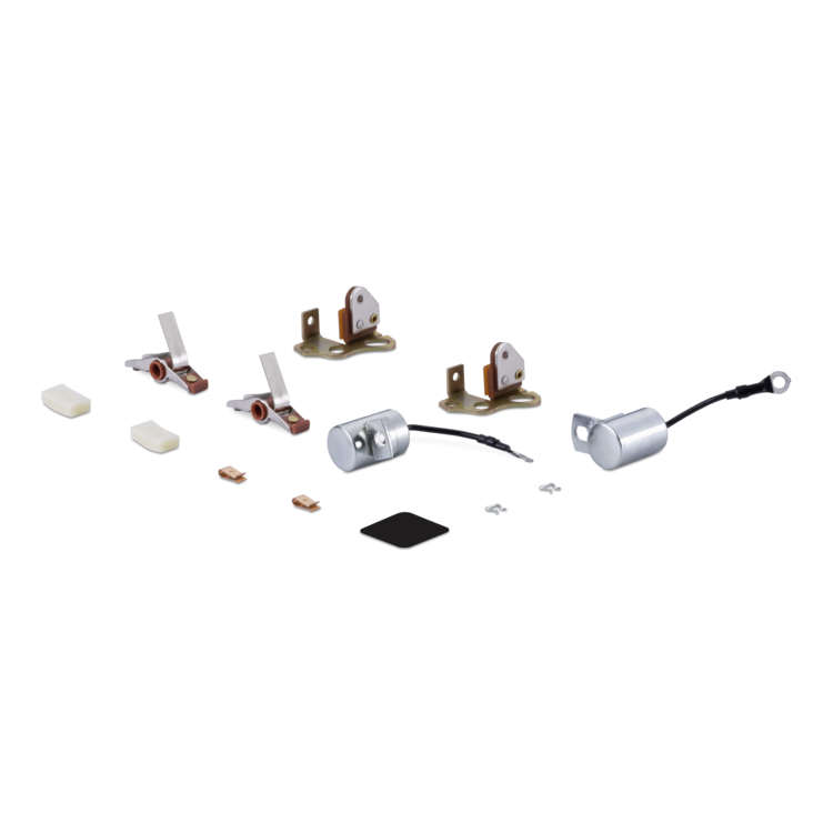 A set of small silver metal hardware components, switches, small copper-toned pieces, white plastic pieces, and a black rectangular piece arranged on a plain white background.