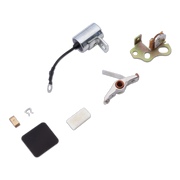 A set of small mechanical parts and accessories laid out on a white background, including a silver cylindrical component with a black wire, a gold-toned bracket, a metal hinge-like piece, a black rectangular pad, a white rectangular piece, and small hardware.
