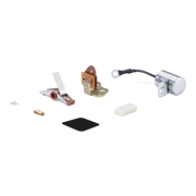 A set of small mechanical hardware components and a black rectangular pad, photographed on a plain white background.