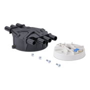 A black plastic distributor cap and a white plastic rotor assembly with four silver screws, shown on a clean white background.