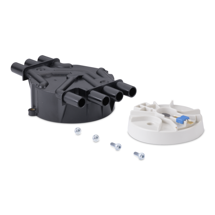 A black plastic distributor cap and a white plastic rotor assembly with four silver screws, shown on a clean white background.