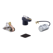 A set of four small mechanical/electrical components on a plain white background, including a metal contact-like part, a dark cylindrical component with a metal tab, a silver cylindrical component with a black wire and gold terminal, and a small black square piece.