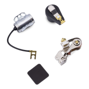 A set of small mechanical parts and accessories on a plain white background, including a silver cylindrical component with a black wire, a black-and-silver knob-like piece with gold-toned contact, a metal hinge-like assembly, and a square black pad.